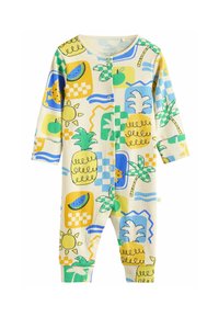 Ribbade tygbyxor med ett gult, grönt, blått och vitt abstrakt mönster med frukter och blad, tryckknappstängning fram.