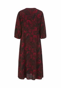Zwarte jurk met een rood bloemenpatroon, knie-lengte, ronde halslijn en driekwart pofmouwen. Lichtgewicht stof met een zachte textuur.