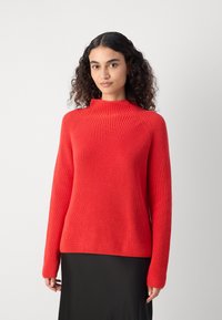 Roter gerippter Pullover mit hoch geschlossenem Kragen und langen Ärmeln, der einen lockeren Schnitt und ein strukturiertes Strickmaterial aufweist. Über einem schwarzen Rock getragen.