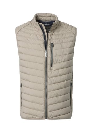 Beige quiltet, ærmeløs vest med høj krave og tre sorte lommer med lynlås, inklusive en lodret brystlomme.