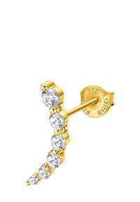 Boucle d'oreille dorée avec cinq cristaux ronds transparents disposés en ligne courbe. Présente un support robuste et un fermoir à friction pour un maintien sécurisé.