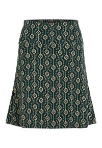 Gemusterter Rock in Dunkelgrün mit cremefarbenem geometrischem Design. Verfügt über eine ausgestellte Form und einen Taillenbund. Hergestellt aus Textilmaterial.