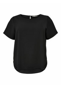 Haut noir à manches courtes avec un col rond et un détail en clé de dos. Tissu doux et lisse avec une coupe décontractée et un ourlet légèrement plus long à l'arrière.