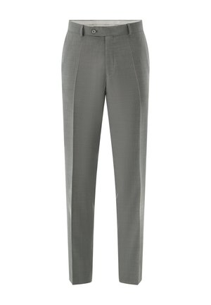 Grey tailored formal trousers with front pleats, button closure, belt loops, and straight leg fit.