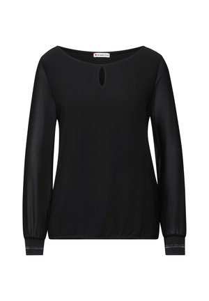 Černý dlouhý rukáv top s kulatým výstřihem a detaily ve tvaru klíčové dírky. Obsahuje elastické manžety a hladkou texturu látky.