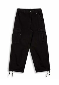 Pantalones cargo negros hechos de una tela duradera con un corte relajado, que cuentan con múltiples bolsillos laterales y dobladillos ajustables.