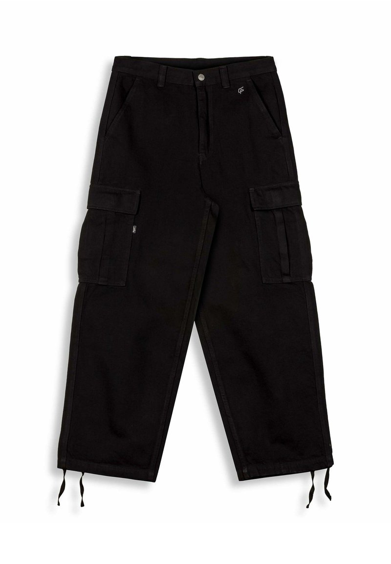 Pantalones cargo negros hechos de una tela duradera con un corte relajado, que cuentan con múltiples bolsillos laterales y dobladillos ajustables.