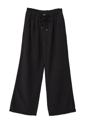 Pantalones de pierna ancha negros con cintura elástica, cierre con cordón y textura de tela suave. Cuenta con bolsillos laterales y un corte relajado.