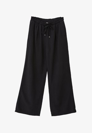 Pantalons larges noirs avec une taille élastique, fermeture à cordon de serrage et texture de tissu douce. Comprend des poches latérales et une coupe décontractée.