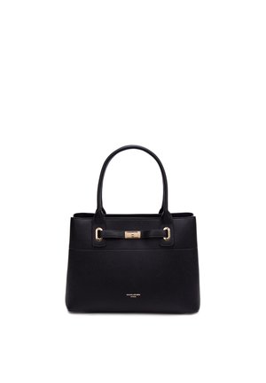 Sac à main en cuir noir avec doubles poignées, détail de fermoir doré et logo "David Jones Paris" au devant.