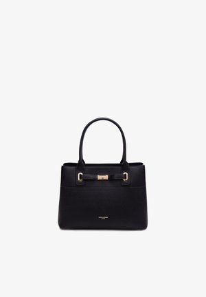 Sac à main en cuir noir avec doubles poignées, détail de fermoir doré et logo "David Jones Paris" au devant.