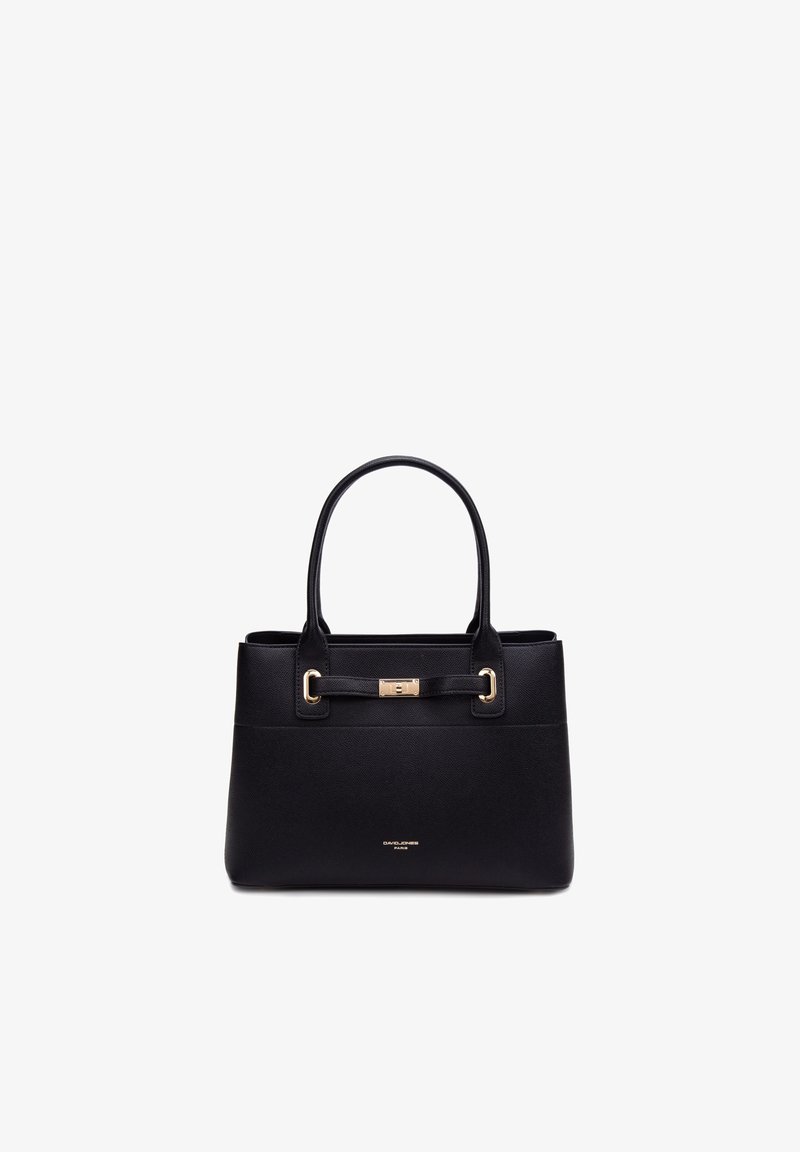 Sac à main en cuir noir avec doubles poignées, détail de fermoir doré et logo "David Jones Paris" au devant.