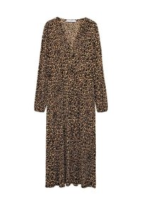 Robe midi à manches longues avec col en V, présentant un motif léopard marron et noir sur un tissu léger.