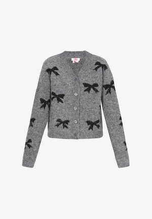 Cardigan grigio realizzato in tessuto morbido, con motivi a fiocco neri. Chiusura frontale con bottoni rotondi, polsini e orlo a coste.