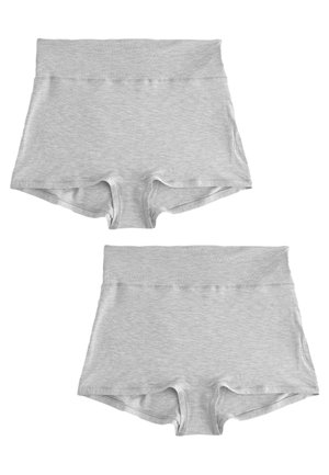 Dwie pary jasnoszarych bezszwowych majtek w stylu boyshort z szerokimi pasami, ułożonych płasko na białym tle.