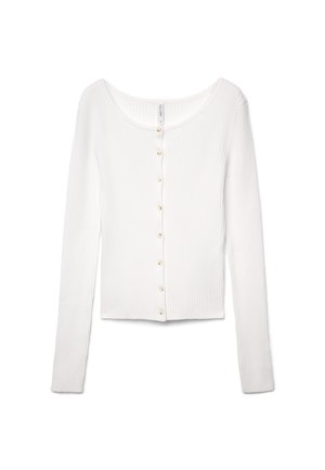 Weißer, gerippter Langarm-Cardigan mit rundem Ausschnitt und Knopfleiste, versehen mit kleinen runden Knöpfen vorne.