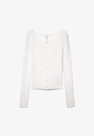 Weißer, gerippter Langarm-Cardigan mit rundem Ausschnitt und Knopfleiste, versehen mit kleinen runden Knöpfen vorne.