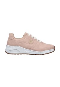 Light pink suede sneaker with white lace closure, rubber sole, and textured detailing on the side. Features a round logo on the outer side.