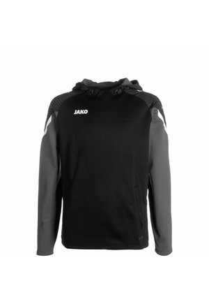 Hoodie noir et gris avec une poche kangourou, doté d'une capuche avec cordon de serrage, épaules texturées et logo JAKO sur la poitrine.