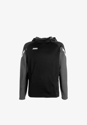 Schwarz-grauer Hoodie mit einer Kängurutasche, ausgestattet mit einer Kapuze mit Zugband, strukturierten Schultern und dem JAKO-Logo auf der Brust.