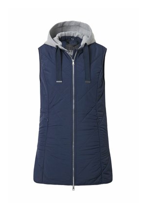 Marineblaues Steppwesten mit grauem Kapuzen, Frontreißverschluss und vertikalem Steppmuster. Verfügt über Kordelzüge und Seitentaschen.