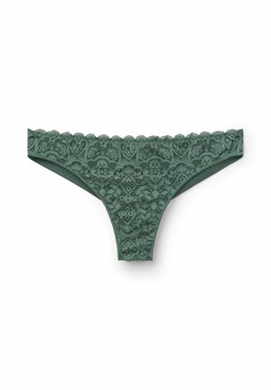 Groene kanten string met geschulpte randen, ingewikkelde bloemmotieven en een glad achterpaneel voor een comfortabele pasvorm.