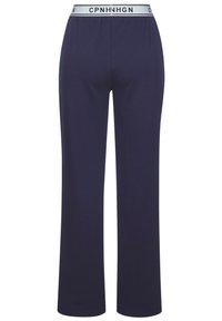 Námornícky modré široké nohavice s jemnou textúrou a elastickým pásom s bielym brandingom. Jednoduchý, ležérny dizajn bez vreciek.