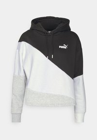 Hoodie med en färgblockdesign i svart, vitt och ljusgrått. Har en känguruficka och Puma-logotypen på bröstet.