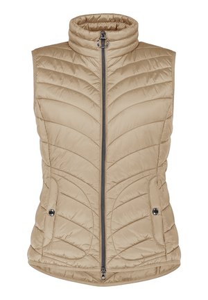 Lekka beżowa pikowana kamizelka z wysokim kołnierzem, poziomymi i pionowymi wzorami szwów, przednim zamkiem błyskawicznym oraz bocznymi kieszeniami na zatrzaski.