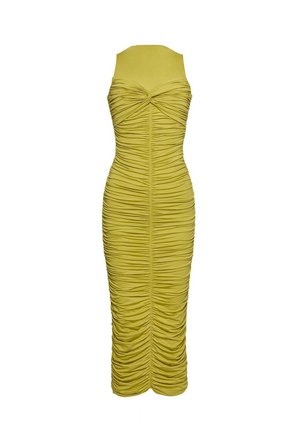 Bezrukávové olivovo zelené midi šaty s nariasením, detailom na prednej skrútenej časti a priliehavým strihom.