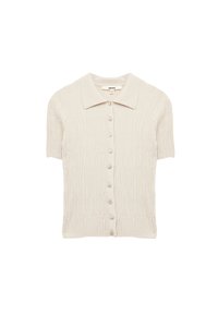 Korte mouwen, lichtbeige gebreide cardigan met een geribbelde textuur, een kraag en knoopsluitingen aan de voorkant. Zachte stof met subtiele details.