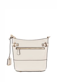 Sac à main en cuir beige clair avec des finitions noires, quincaillerie dorée, bandoulière réglable, poche zippée à l'avant et une petite étiquette de marque.