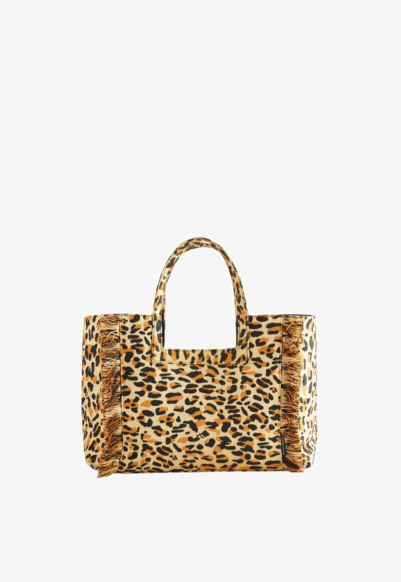 Borsa tote con motivo a stampa leopardata e strisce verticali frangiate su entrambi i lati, dotata di due manici corti.