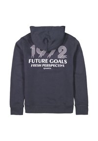 Sudadera de color azul marino oscuro hecha de algodón con un bolsillo canguro. Presenta una gran impresión blanca: "1972 FUTURE GOALS FRESH PERSPECTIVE" en la parte posterior.