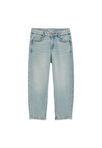 Helesinised teksapüksid sirge säärega, millel on nööbi- ja luku kinnitused, viis taskut ning kangal pehme kulumise efekt.