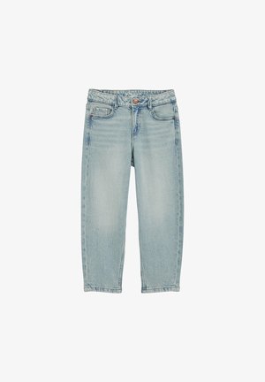 Hellblaue Jeans aus Denim mit geradem Bein, ausgestattet mit Knopf- und Reißverschluss, fünf Taschen und dezentem Ausbleichen des Stoffes.