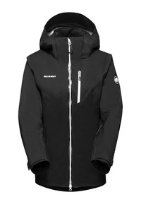 Svart vattentät jacka med dragkedja framtill, justerbar huva och en sidoficka med en vit dragkedja. Logotyp på bröstet och ärmen.