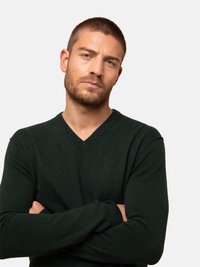 Maglione con scollatura a V in verde scuro, realizzato in morbido tessuto a maglia. Presenta maniche lunghe e un design aderente, con una superficie liscia e senza motivi visibili.