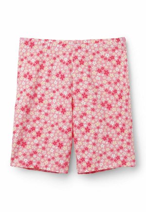 Różowe szorty do kolan z elastycznym pasem, pokryte małym czerwonym, białym i jasnoróżowym kwiatowym wzorem.