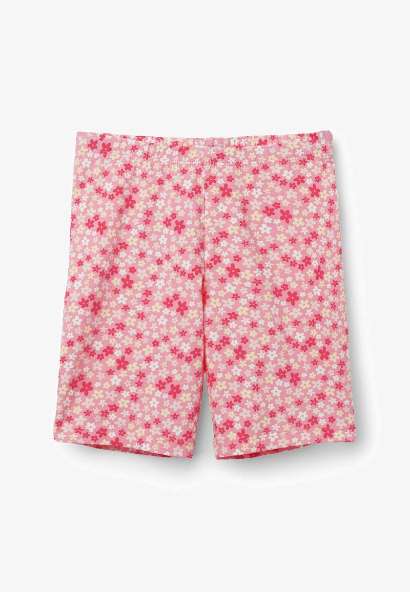 Shorts roses mi-genou avec taille élastique, recouverts d’un petit motif floral rouge, blanc et rose clair.