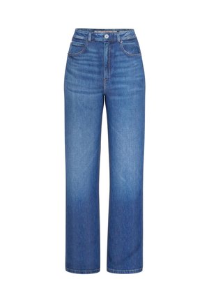 Blauwe denim jeans met hoge taille en rechte pijpen, voorzien van een knoopsluiting aan de voorkant en een klassiek ontwerp met vijf zakken.