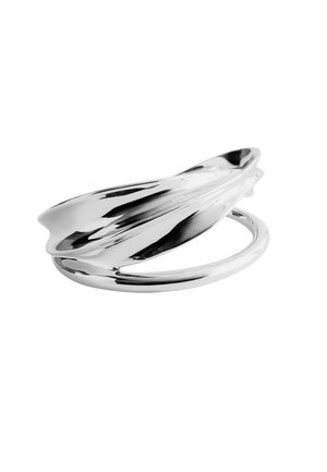Polished silver ring with a wide, twisted band design creating a smooth, reflective surface.