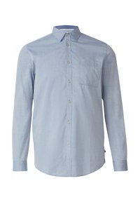 Lichtblauw t-shirt met lange mouwen van katoen, met een button-down kraag, een enkele borstzak en subtiele textuurdetails door het hele shirt.