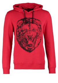 Roter Hoodie mit einer schwarzen Löwenkopf-Grafik auf der Vorderseite. Hergestellt aus weichem Stoff mit Kapuze zum Zuziehen und gerippten Bündchen.