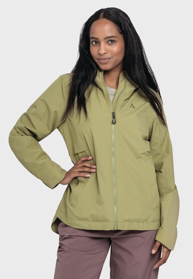 Hellolivgrüne Jacke mit Reißverschluss vorne, hohem Kragen und seitlichen Taschen; aus glattem, wasserabweisendem Material gefertigt.