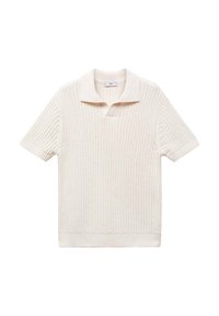 Camiseta polo de punto color crema de manga corta con textura acanalada, cuello plano y corte relajado. Detalles sutiles en las costuras de las mangas.