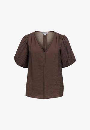 Blusa marrón con textura, con escote en V profundo y mangas cortas abullonadas, con un corte suelto y costuras visibles en la parte delantera.