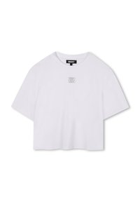 Camiseta blanca cropped de algodón, con cuello redondo y mangas cortas y anchas. Incluye un sutil logo gris de DKNY en la parte frontal.