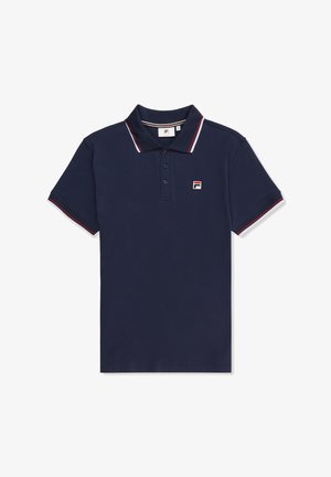 Mørkeblå polo skjorte lavet af bomuldsblanding, med klassisk krave, tre-knap lukning og røde og hvide stribede detaljer på kraven og ærmerne.