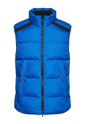 Blau gepolsterte ärmellose Weste mit hohem Kragen, schwarzen Schulterapplikationen, vorderem Reißverschluss und "ZAVETTI"- sowie "CANADA"-Bestickungen auf den Taschen.
